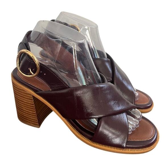 See By Chloe NWOB EU38/US7 Leather Chunky Heel Lyna Slingback Sandal Burgundy